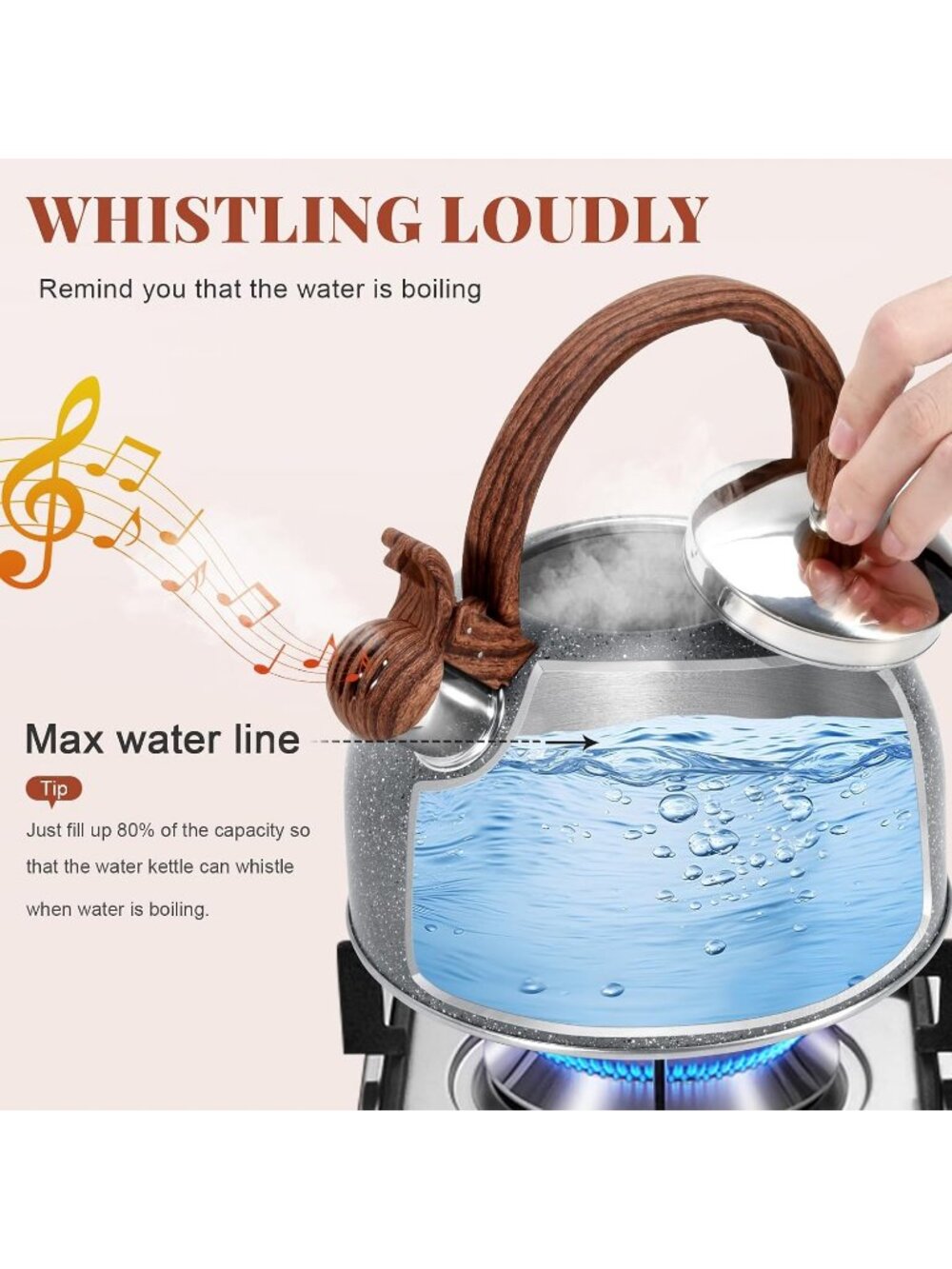 GGC 3.1QT Starry Grey Stainless Steel Whistling Tea Kettle For Kitchen Stove Top - Picture 2 of 6